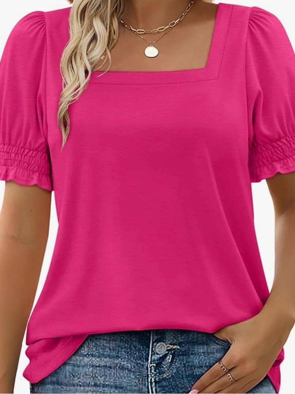 Square Neck Ruffle Sleeve Top in Hot Pink